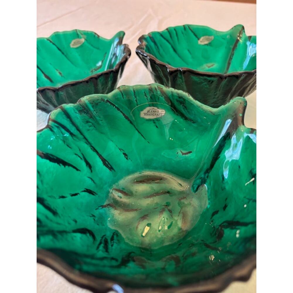 Vintage Blenko Emerald Green Cabbage Leaf Glass Bowls – Textured Art Glass Dish